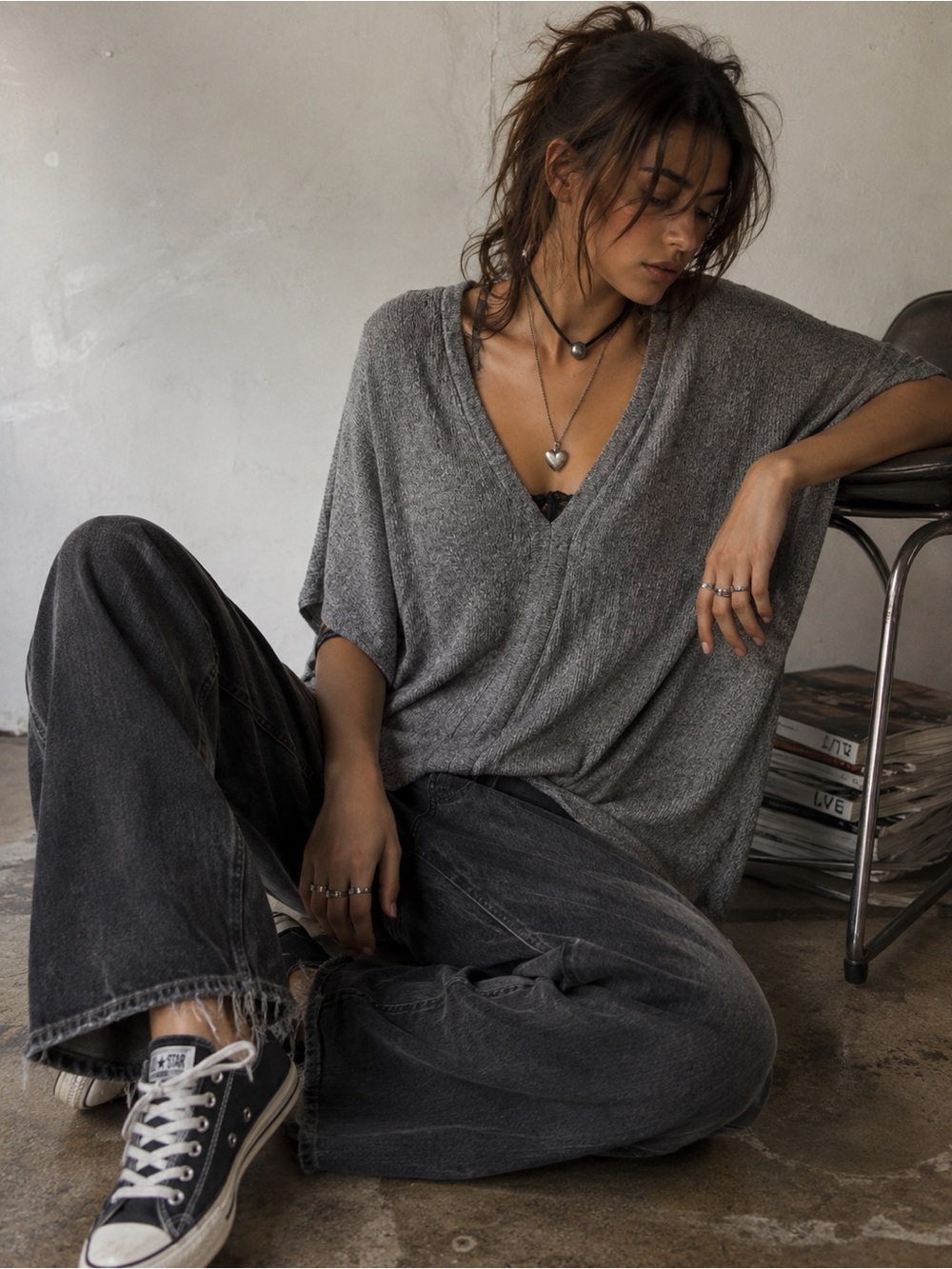 Cherish Grey V-Neck Dolman Sweater Poncho Size XS 90s Minimalist Clean Girl Lux